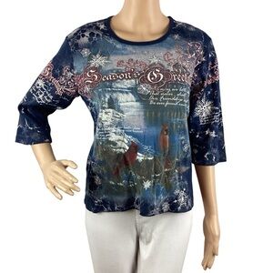 Cactus Bay Embellished Season's Greetings Top Size L Blue